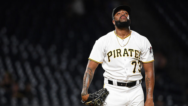Felipe Vazquez reacts after allowing a walk in the ninth inning.