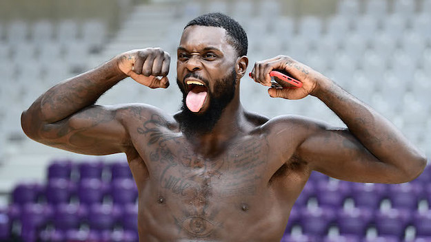 Lance Stephenson of Liaoning Flying Leopards reacts as he attends a training session.
