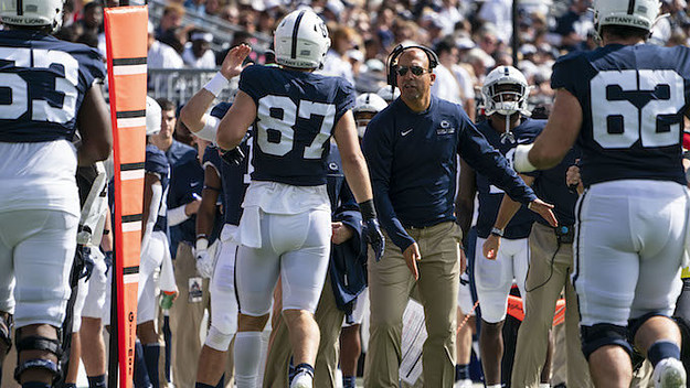 Penn State Nittany Lions Head Coach James Franklin congratulates Pat Freiermuth.
