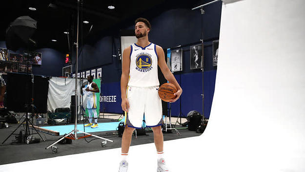 Klay Thompson poses during Warriors media day.