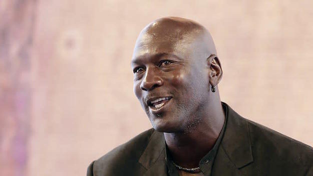 Michael Jordan delivers a press conference at the Palais de Tokyo in Paris.