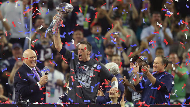 Tom Brady celebrates winning the 2017 Super Bowl over the Atlanta Falcons.