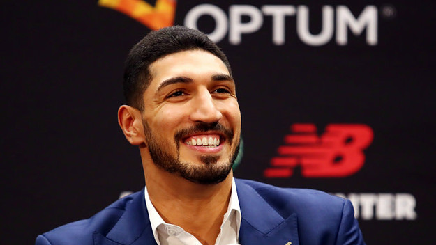 Enes Kanter reacts during a press conference
