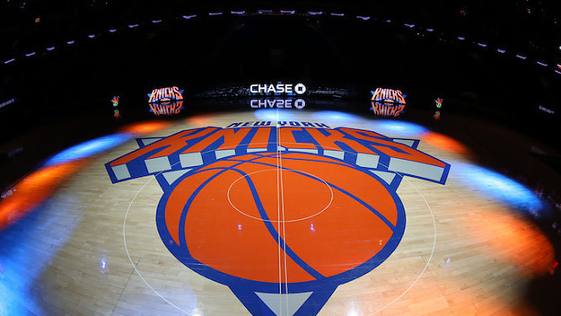 A general view of the New York Knicks logo before a game.