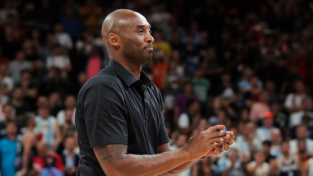 Kobe Bryant takes part in a ceremony during FIBA World Cup 2019 final match
