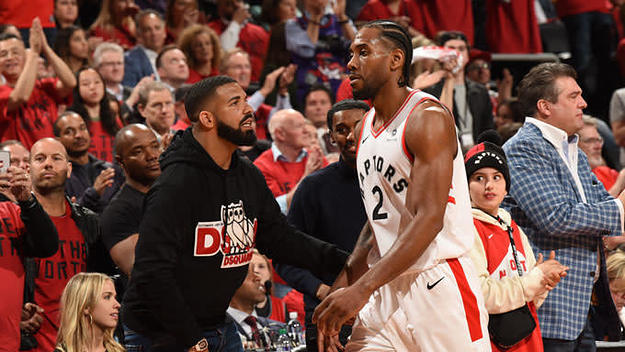 Drake encourages Kawhi Leonard during the 2019 ECF.