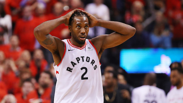 Kawhi Leonard reacts against the Golden State Warriors during Game Five of the 2019 NBA Finals.