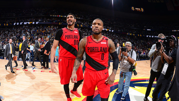 Enes Kanter and Damian Lillard react after Game 7 Western Conference Semis win.