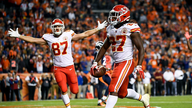 Running back Kareem Hunt #27 of the Kansas City Chiefs runs into the end zone