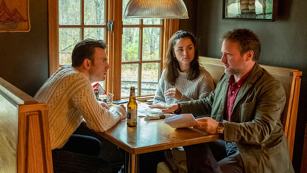 Chris Evans, Ana de Armas and Director Rian Johnson on the set of 'Knives Out'