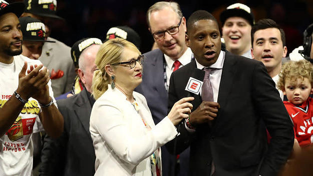 Raptors exec. Masai Ujiri talks to ESPN's Doris Burke after the team wins the 2019 championship.