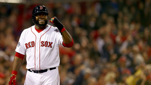 David Ortiz #34 of the Boston Red Sox celebrates after scoring in the third inning