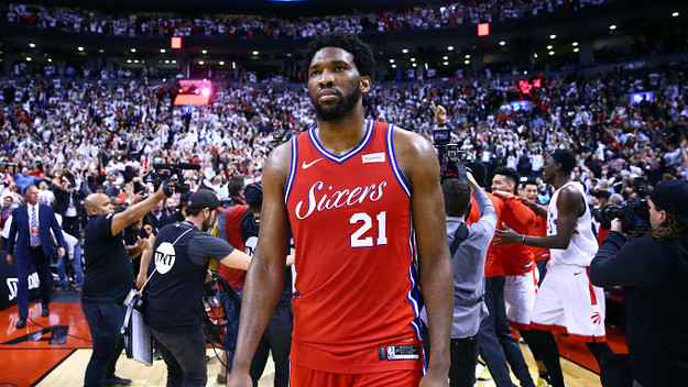 Joel Embiid #21 of the Philadelphia 76ers looks on