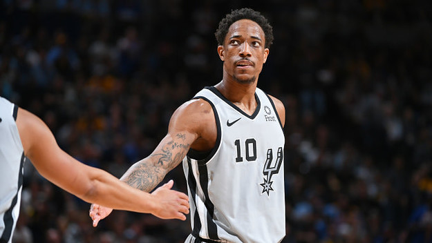DeMar DeRozan #10 of the San Antonio Spurs looks on