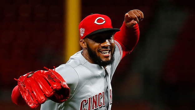 Amir Garrett #50 of the Cincinnati Reds celebrates after recording the final out.