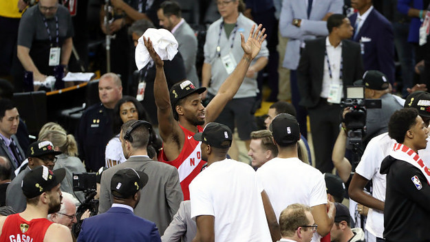 Kawhi Leonard #2 of the Toronto Raptors celebrates after the Toronto Raptors win the game