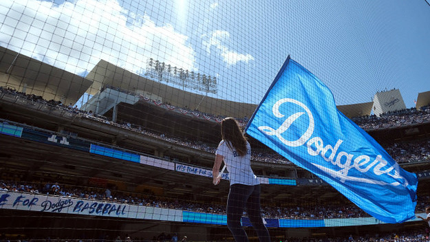 Fans fill the the seats during opening day at Dodger Stadium