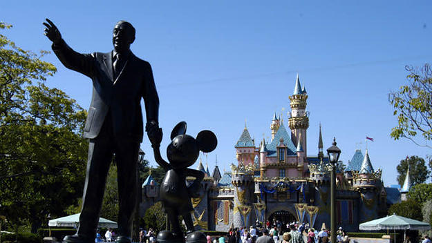 Walt Disney and Mickey statue at Disneyland.