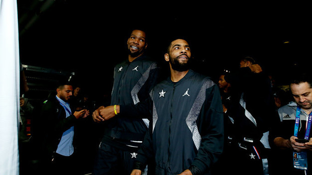 Kevin Durant #35 and Kyrie Irving #11 of Team LeBron