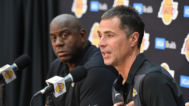 Lakers President of Basketball Operations Earvin "Magic" Johnson and General Manager Rob Pelinka