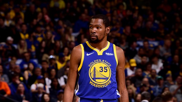 Kevin Durant #35 of the Golden State Warriors looks on