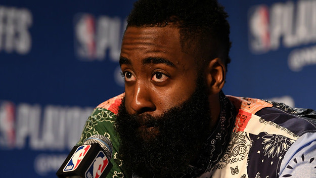 James Harden #13 of the Houston Rockets talks at the press conference