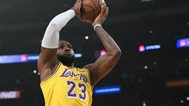 LeBron James #23 of the Los Angeles Lakers goes up for a dunk