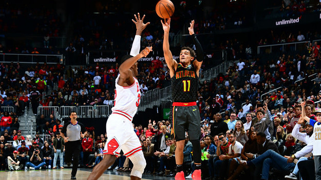 Trae Young #11 of the Atlanta Hawks shoots three point basket Chicago Bulls