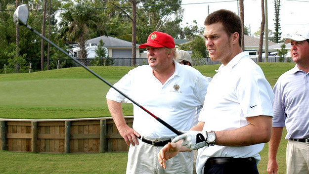 Tom Brady tees off watched by Donald Trump