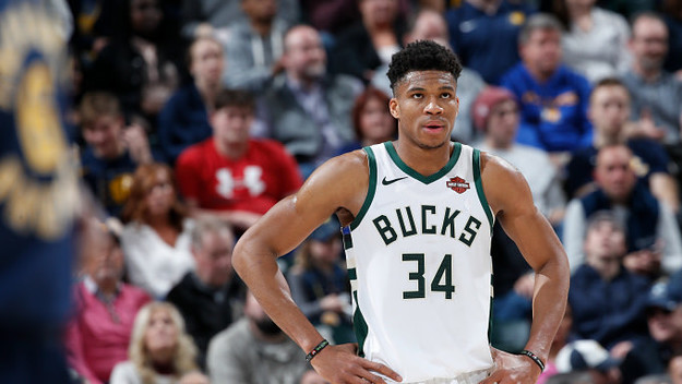 Giannis Antetokounmpo #34 of the Milwaukee Bucks looks on