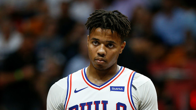 Markelle Fultz #20 of the Philadelphia 76ers in action against the Miami Heat