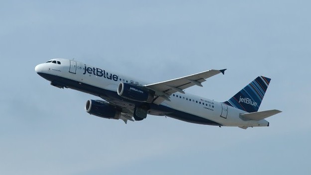 A jetBlue Airways airplane takes off from Newark Liberty Airport