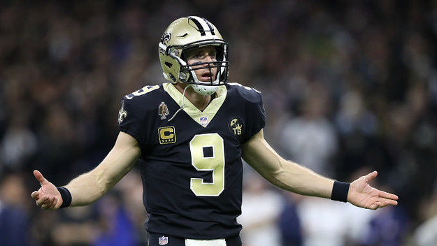 Drew Brees #9 of the New Orleans Saints reacts against the Los Angeles Rams