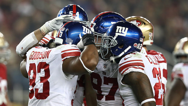 The New York Giants defense reacts after a play against the San Francisco 49ers.