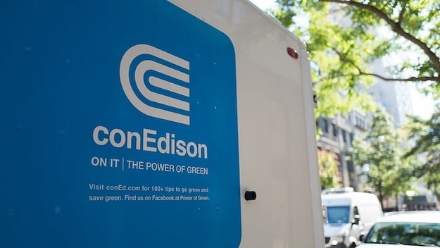Logo for the electrical utility conEdison on the side of a truck on the Upper East Side.