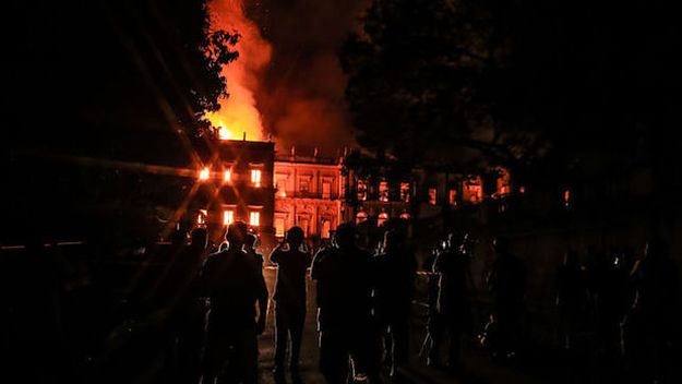 This is a picture of a museum on fire.