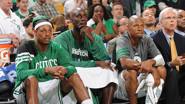 Paul Pierce #34, Kevin Garnett #5 and Ray Allen #20 of the Boston Celtics.