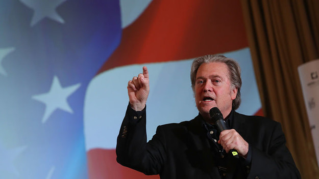 Steve Bannon speaks at a debate with Lanny Davis