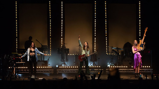 Alana Haim, Danielle Haim and Este Haim of Haim perform at O2 Academy Glasgow