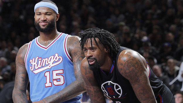 DeMarcus Cousins #15 of the Sacramento Kings faces off against DeAndre Jordan #6.