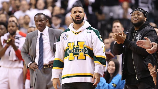 Drake at a Toronto Raptors basketball game.