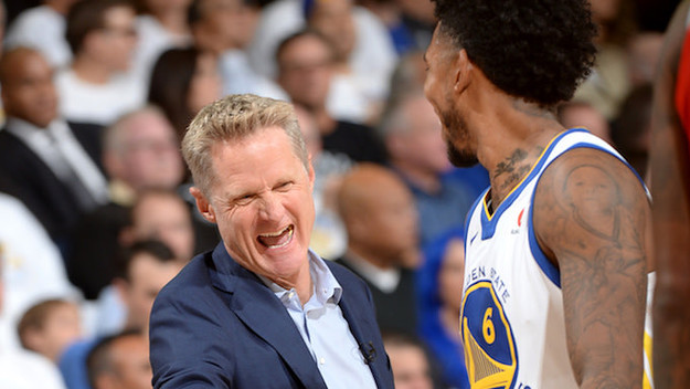 Nick Young #6 and Head Coach Steve Kerr of the Golden State Warriors.