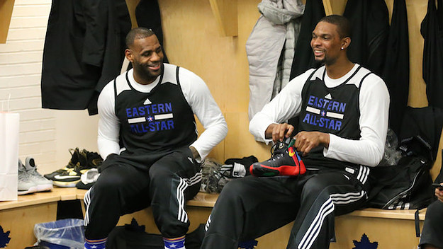 LeBron James #23 of the Eastern Conference and Chris Bosh.