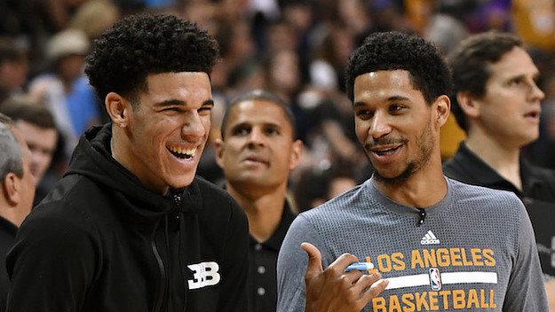Lonzo Ball (L) #2 and Josh Hart #5 of the Los Angeles Lakers.