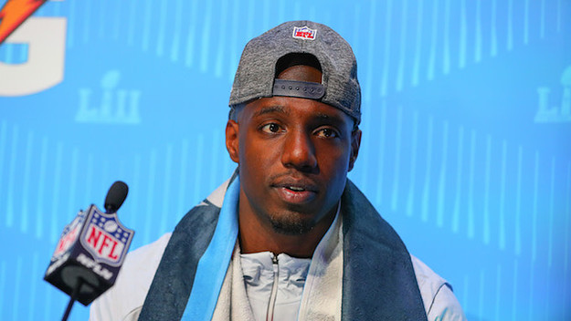Duron Harmon answers questions during Super Bowl LII Opening Night.