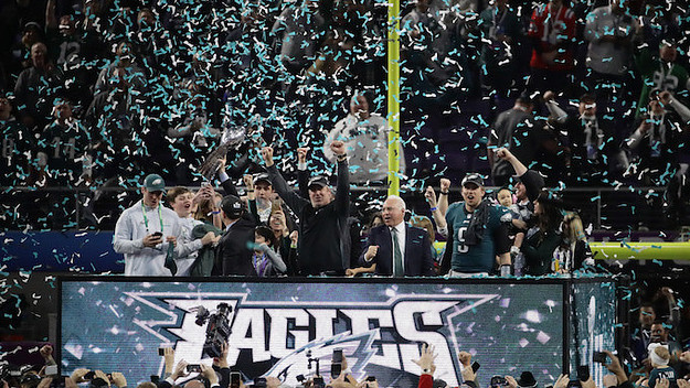Philadelphia Eagles celebrate with the Vince Lombardi Trophy.