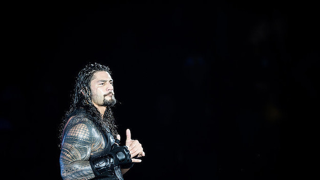 Roman Reigns reacts during to the WWE Live Duesseldorf event.