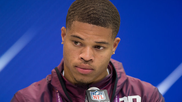 Weber State defensive back Taron Johnson answers questions from the media.