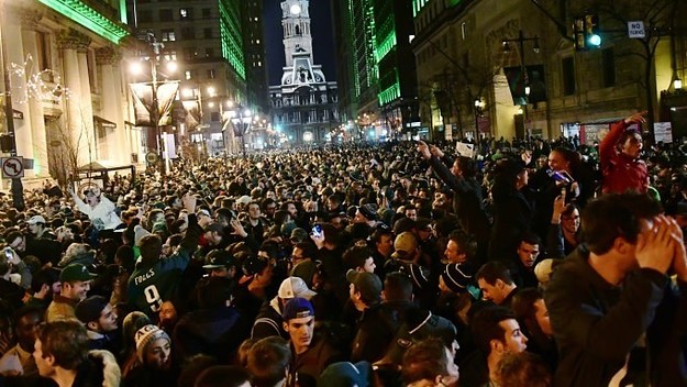 Eagles fans celebrate the Super Bowl.