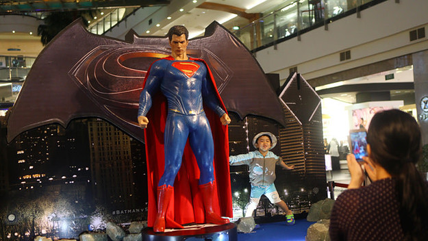 Fans visit the 'Batman v Superman: Dawn of Justice' exhibition area